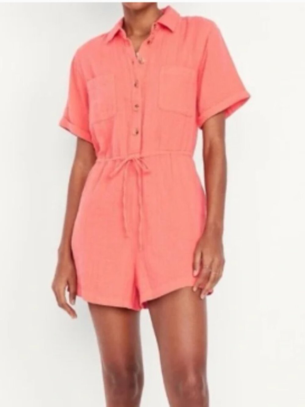 Old Navy Women's Coral Gauze Waist Defined Crinkle Gauze Button Down Romper Sz S